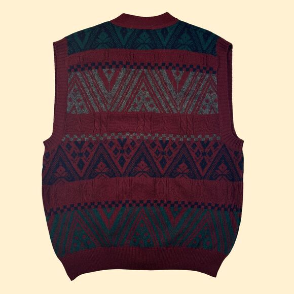 1990s geometric Arslanli wool vest, size L vintage burgundy/green sweater vest - Picture 6 of 8